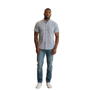 MICHAEL KORS Mens Button Up Short Sleeve Slim Fit Shirt~Size XL~Blue White L1510